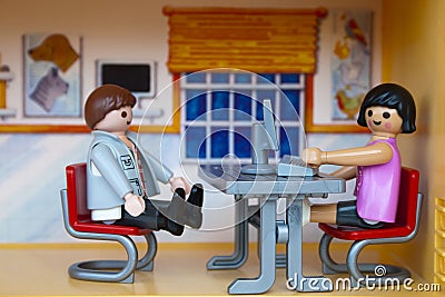 Alcobendas, Spain. March19, 2017. Interview an office. Concept, Playmobil toy line exist since 1975 and is Editorial Stock Photo