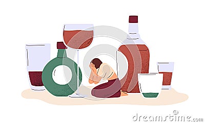Alcohol abuse, excess and addiction concept. Unhappy addicted drunk woman suffering from alcoholism, booze, hangover Vector Illustration