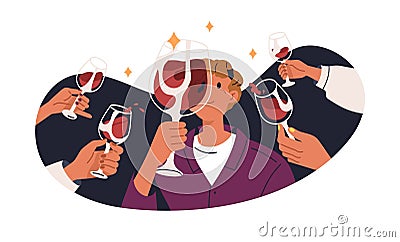 Alcohol addicted man at holiday party, booze. Person drinker, drunkard looking at wine drink in wineglasses with passion Vector Illustration