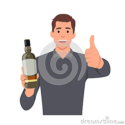Alcohol addicted, spirit drinks, drinking lone concept. Young smiling man cartoon character standing holding bottle of wine, Cartoon Illustration