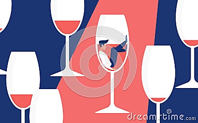 Alcohol addiction concept, man addict drinker sitting in glass for red wine, alcoholism Vector Illustration