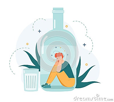 Alcohol addiction. Drunk man inside alcohol bottle, bad habit and unhealthy lifestyle, alcohol addicted frustrated Vector Illustration