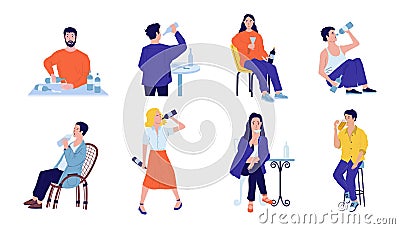 Alcohol addiction. Drunk men and women. People with bottles and glasses of alcoholic beverages. Characters drinking wine Vector Illustration