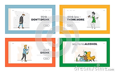Alcohol Addiction Landing Page Template Set. Characters Pernicious Habits Addictions and Substance Abuse, Drunk People Vector Illustration