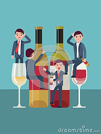 Alcohol addiction, people abuse spirit, man is an alcoholic, problem alcoholism, design, cartoon style vector Vector Illustration