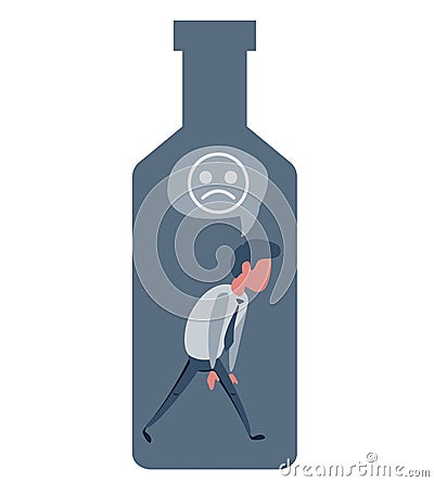 Alcohol and addiction, Young male character trapped inside a bottle, health problems Vector Illustration