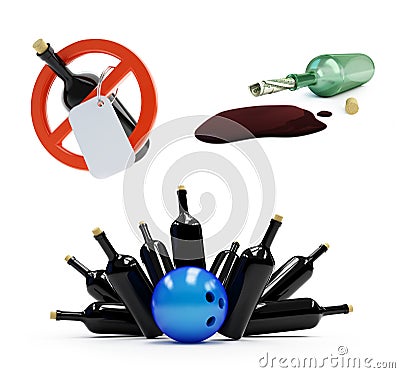 Alcohol, anti alcoholism set on a white background 3D illustration, Cartoon Illustration