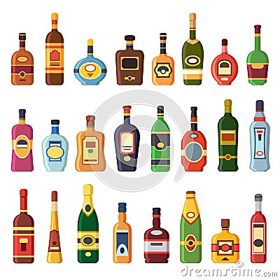 Alcohol bottles. Alcoholic liquor drink bottle with vodka, cognac and liqueur. Whisky, rum or brandy liquors isolated flat icons Stock Photo