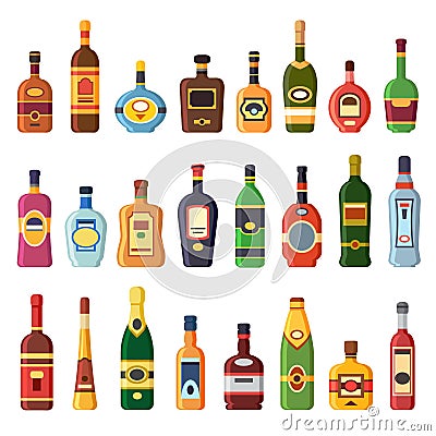 Alcohol bottles. Alcoholic liquor drink bottle with vodka, cognac and liqueur. Whisky, rum or brandy liquors isolated Vector Illustration