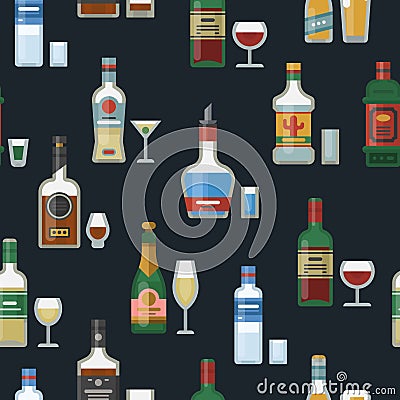 Alcohol bottles and glasses seamless vector pattern. Strong alcohol, whisky, vodka and tequilla illustration. Drink bar Vector Illustration