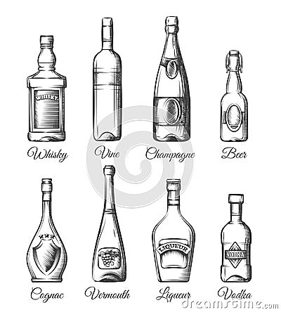 Alcohol bottles in hand drawn style Vector Illustration