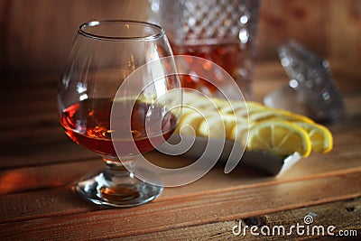 Alcohol brandy set glass and carafe Stock Photo