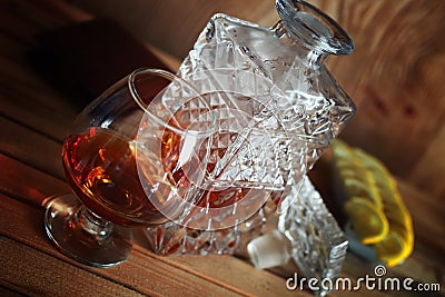 Alcohol brandy set glass and carafe Stock Photo