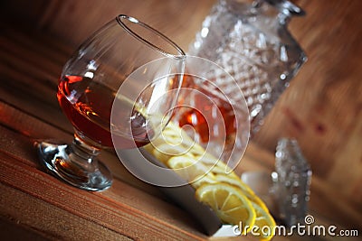 Alcohol brandy set glass and carafe Stock Photo