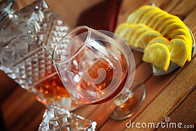 Alcohol brandy set glass and carafe Stock Photo