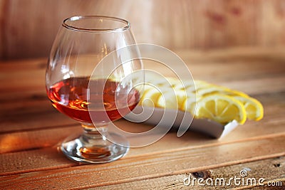 Alcohol brandy set glass and carafe Stock Photo