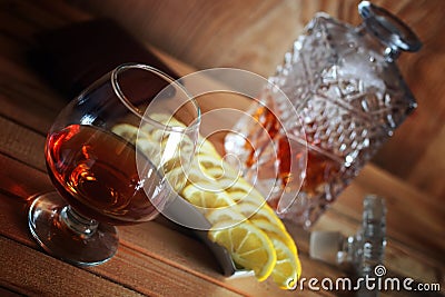 Alcohol brandy set glass and carafe Stock Photo