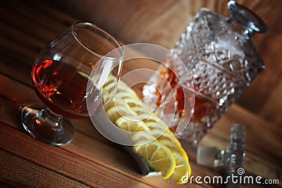 Alcohol brandy set glass and carafe Stock Photo