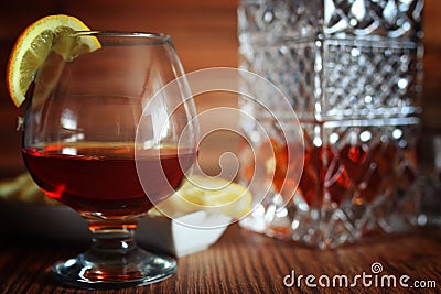 Alcohol brandy set glass and carafe Stock Photo