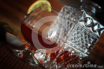 Alcohol brandy set glass and carafe Stock Photo