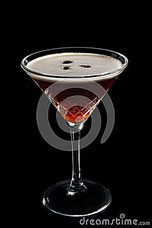 Alcohol cocktail Espresso Martini cocktails garnished with coffee beans on black background. Stock Photo