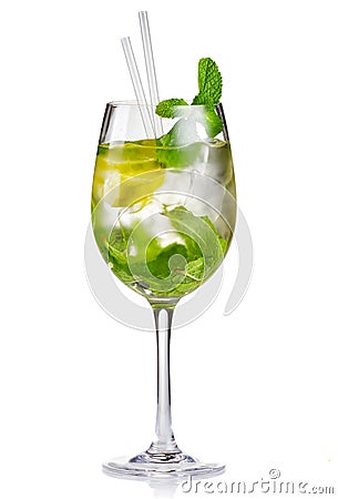 Alcohol cocktail (Hugo) with lime and mint isolated Stock Photo