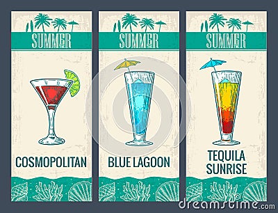 Alcohol cocktail set. Cosmopolitan, blue lagoon and tequila sunrise. Vector Illustration