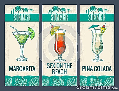 Alcohol cocktail set. Margarita, sex on the beach, pina colada. Vector Illustration