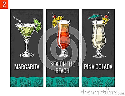 Alcohol cocktail set. Margarita, sex on the beach, pina colada. Vintage vector engraving illustration for web, poster, menu Vector Illustration