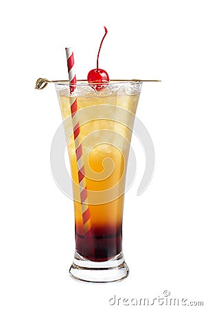 Alcohol cocktail with a tube and maraschino cherry on a white background Stock Photo