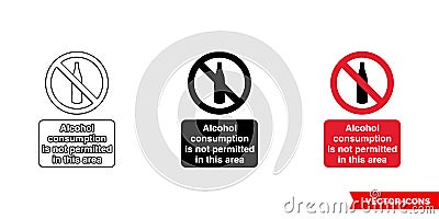 Alcohol consumption is not permitted in this area prohibitory sign icon of 3 types color, black and white, outline. Isolated Stock Photo