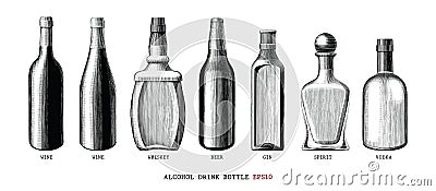 Alcohol drink bottle collection hand draw vintage style black and white clipart isolated on white background Vector Illustration