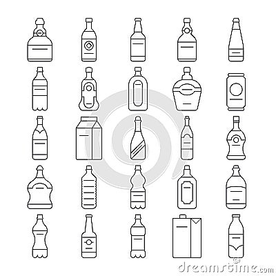 Alcohol drink bottles and beverage vector line icons set Vector Illustration