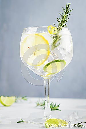 Alcohol drink, gin tonic cocktail, with lemon, lime, rosemary and ice on light background, copy space. Iced drink Stock Photo