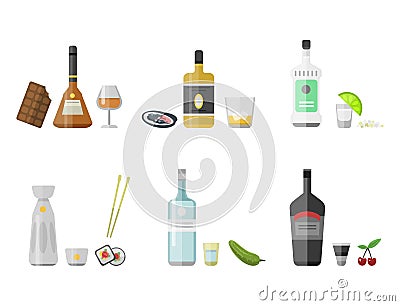 Alcohol drinks beverages cocktail appetizer bottle lager container drunk different snacks glasses vector illustration. Vector Illustration