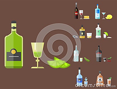 Alcohol drinks beverages cocktail appetizer bottle lager container drunk different snacks glasses vector illustration. Vector Illustration