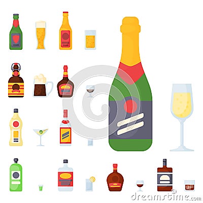 Alcohol drinks beverages cocktail bottle lager container drunk different glasses vector illustration. Vector Illustration