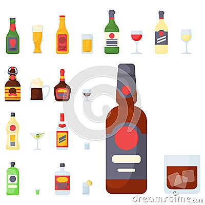 Alcohol drinks beverages cocktail bottle lager container drunk different glasses vector illustration. Vector Illustration