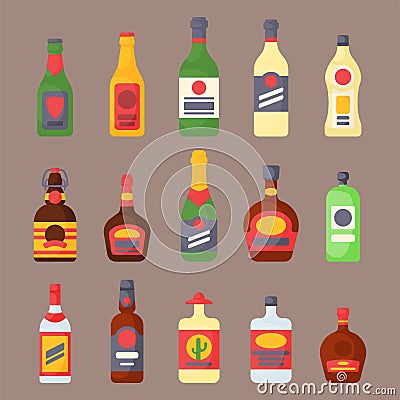 Alcohol drinks beverages cocktail bottle lager container drunk different glasses vector illustration. Vector Illustration