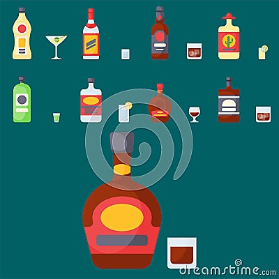 Alcohol drinks beverages cocktail bottle lager container drunk different glasses vector illustration. Vector Illustration