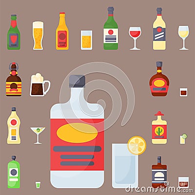 Alcohol drinks beverages cocktail bottle lager container drunk different glasses vector illustration. Vector Illustration