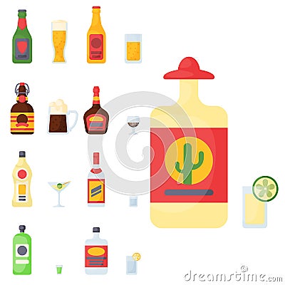 Alcohol drinks beverages cocktail bottle lager container drunk different glasses vector illustration. Vector Illustration