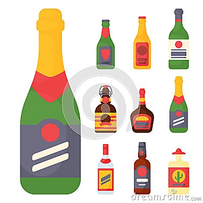 Alcohol drinks beverages cocktail bottle lager container drunk different glasses vector illustration. Vector Illustration