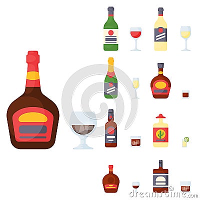 Alcohol drinks beverages cocktail bottle lager container drunk different glasses vector illustration. Vector Illustration
