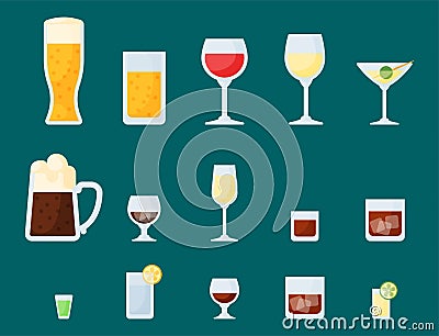 Alcohol drinks beverages cocktail lager container drunk different glasses vector illustration. Vector Illustration