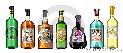 Alcohol drinks in a bottle with different vintage labels. Realistic Absent Liqueur Tequila Wine Whiskey Beer Rum. Vector Vector Illustration