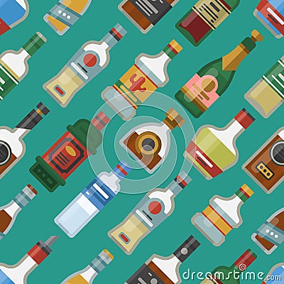 Alcohol drinks cocktail bottle seamless pattern lager container drunk different glasses vector illustration. Vector Illustration