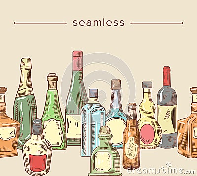 Alcohol Drinks Flasks, Seamless Pattern with Doodle Bottles of Various Shapes Vodka, Rum, Beer, Whiskey Sketch Frame Vector Illustration