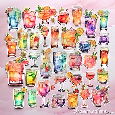 Alcohol drinks stickers assorted collection, generative ai Cartoon Illustration