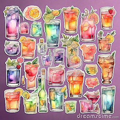 Alcohol drinks stickers assorted collection, generative ai Cartoon Illustration